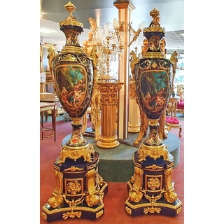 Casa Padrino Barock Keramik Vasen mit Sockel Kobaltblau / Gold 60 x 60 x H. 215 cm - Prunkvolles Deko Set - Hotel & Restaurant Deko Accessoires