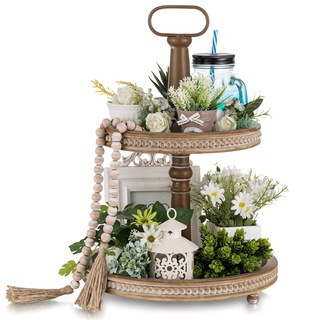 Hanobe Holztablett Deko Tablett Rund: Braun Serviertablett Holz mit 2 Etagere Bauernhaus Dekotablett mit Perlen Rand Vintage Shabby Kerzentablett für Home Ottoman Wohnzimmer Küche Tisch