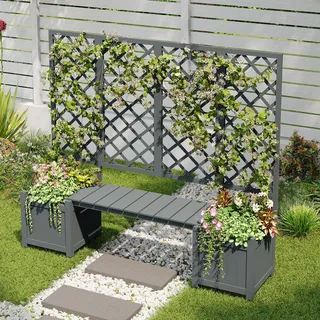 Pflanzkasten Mit Rankgitter Und Bank Aus Massivem Tannenholz, Hochbeet Mit Kletterhilfe Für Garten Und Terrasse, Grau