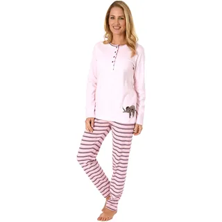 NORMANN-Wäschefabrik Damen Pyjama Kuschelinterlock Hose gestreift - süsses Faultier Tiermotiv - auch in Übergrössen, Farbe:rosa, Größe2:60/62 - 60