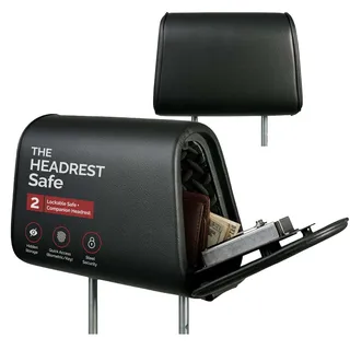 THE HEADREST SAFE Vulcan Kunstleder-Kopfstützen-Safe – Beifahrersitz + Begleit-Kopfstütze – Kopfstützen-Set, Schwarz