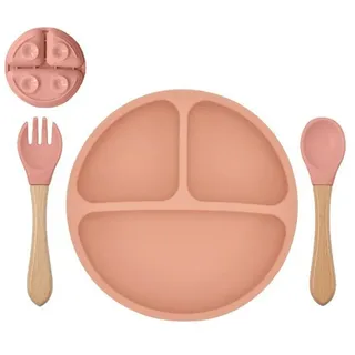 König Design Kindergeschirr-Set Babyteller Kinderteller mit Saugnapf Teller mit Löffel Gabel, 1 Personen, Silikon BPA Frei Baby Tischset für Baby und Kinder