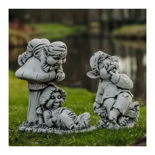 gartendekoparadies.de Gartenfigur 2 Gartenzwerge Gnome Freunde Steinfiguren Steinguss Set 48 cm 47 kg, Frostsicher grau