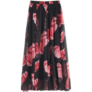 Damen Chiffon Blumen Strandrock Maxirock Langer Rock Gedruckter Chiffonrock Weich Glatt Dünn Cool für Sommer Rocklänge 90cm - Geblümt #60 - 34-40