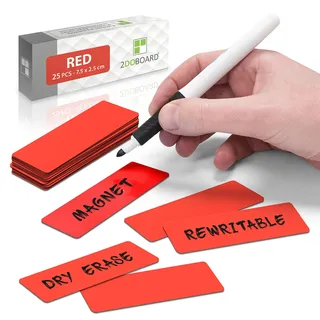 2DOBOARD Magnetstreifen beschreibbar - 7,5 cm x 2,5 cm Rot - 25 Stück - Magnetschilder zum beschriften – Für Kühlschrank, Whiteboard & Tafel - Magnetetiketten