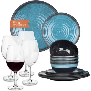 Melamin Camping Geschirr Set 4 Personen Stone Blue + 4 Timo Rotwein Gläser Rot Weingläser Tafelgeschirr Picknick BBQ Kochgeschirr