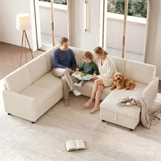 Merax 5 Sitzer U Form Schlafsofa Mit Schlaffunktion, Ausziehbares Ecksofa Mit Stauraum, Wohnlandschaft Mit Chaiselongue, Cord Soffa, Couch, Beige - Beige