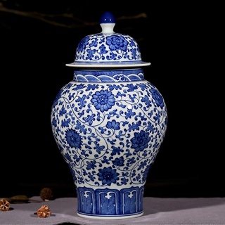 Blau Und Weiß Keramikvase Deko Antiken Traditionell Temple Ginger Jar Vase China Ming Style Floral Temple Ginger Jar Vase Wand Deko Tabelle Mittelstücke Vase-C H27xt13cm