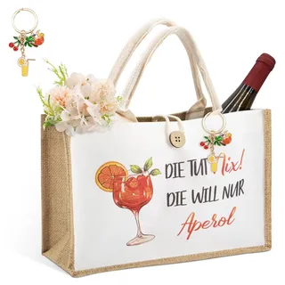 ZYNERY Aperol Spritz Geschenkset, Aperol Geschenk Jutetasche mit Obst-Schlüsselanhänger, Witzige Aperol Geschenk Tasche für Damen Kollegin Freundin (A) - 32 x 22 x 13 cm