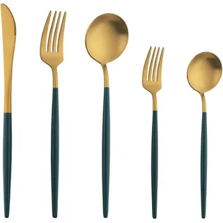 Buyer Star Matte Besteck Set, 30 Stück Edelstahl Besteck Set Gold Matt für Haus Küche Restaurant Parteien, Essbesteck Set Mit Gabeln Löffeln Messern Spülmaschinenfest - Goldgrün