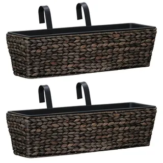 Festnight 2Stk Blumenkasten Balkonkasten mit Halterung | Balkon Pflanzk?sten mit Metallhalterung | Blumentopf in Poly Rattan Optik | Wasserhyazinthe + Stahlrahmen Braun