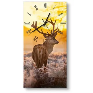 DEQORI Wanduhr 'Hirsch am Wintermorgen' (Glas Glasuhr modern Wand Uhr Design Küchenuhr) braun|orange 30 cm x 60 cm