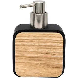 Seifenspender, Natur, Schwarz, Chrom, Holz, Kunststoff, Bambus, 10x14.5x5 cm, Kunststoffpumpe, Spender problemlos zum Nachfüllen, Badaccessoires, Waschplatzzubehör, Seifenspender