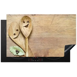 MuchoWow Herd-Abdeckplatte Holz - Löffel - Braun - Smiley, Vinyl, (1 tlg), Herdabdeckplatten für Ceranfeld, Induktionsschutz, 80x50 cm 80 cm x 50 cm x 0.2 cm
