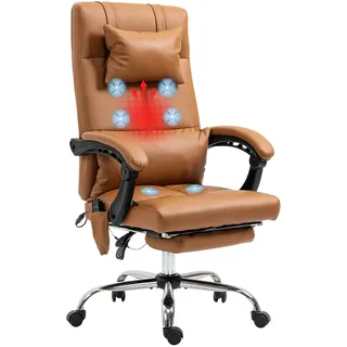 Vinsetto Bürostuhl mit Massagefunktion Ergonomischer Chefsessel Braun | mit Heizung, Liegefunktion, Lendenwirbelstütze und Kopfkissen, Höhenverstellbarer Drehstuhl mit Wippfunktion, Fußstütze