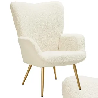 tectake® Skandinavischer Stil Ohrensessel, Teddy Sessel Hygge, Breitcord Sessel Wohnzimmer, Schlafzimmer, Esszimmerstuhl, Statement Piece Loungesessel, belastbar bis 150 kg - Bouclé Creme/Gold