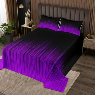 Geometrisch Abstract Ombre Dekorative Tagesdecke 220x240cm Weich Schwarz Lila Striped Quadratisch Steppdecke Kinder Wohndecke Modern Bettüberwurf Dekor Doppelbett Gesteppt mit 2 Kissenbezug 3Stück