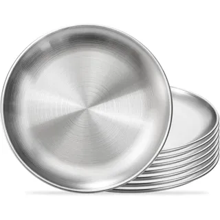 SENLINLIN Edelstahl Teller 20 cm 8 Stück, Teller Edelstahl Set Rund Geschirr Spülmaschinenfest, Edelstahlteller Unzerbrechlich BPA Frei Metall Edelstahlteller für Camping, Picknick, Küche, BBQ, Party
