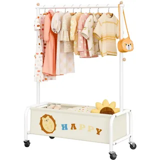 GRANNY SAYS Kleiderständer Kinder mit Aufbewahrungskiste, Kinder Kleiderstange auf Rollen, beige Kindergarderobe freistehend, Baby Kleiderschrank, Kleiderstange Kinderzimmer für Mädchen & Jungs