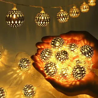 Ewikin Marokkanische Lichterkette, 20 LED Lichterkette Innen mit Stecker, Goldene Lichterkette Kugeln mit Fernbedienung, Marokkanische Lampe Orientalische Deko für Zimmer, Hochzeit, Weihnachten