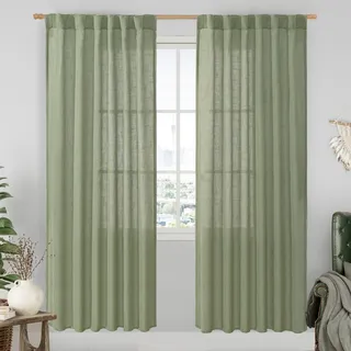 LAMIT Salbeigrün Leinen-Vorhänge für Wohnzimmer, 203,2 cm, 2 Paneele, Leinenstruktur, Lichtfilterung, halbtransparent, mit Schlaufen auf der Rückseite und Stangentasche, Fenstervorhang für