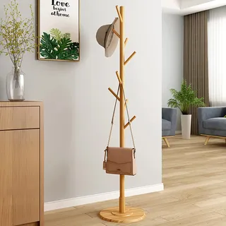 SUNGOOYUE Hölzerner Kleiderbügel, Stehender Garderobenständer, Baum, Runder Sockel, Wohnmöbel, Kleiderständer (Natürliche Holzfarbe)