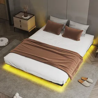 COMHOMA Bettrahmen Metallbett Gästebett Bettgestell aus Metall, mit LED & Steckdosen, Jugendbett 180x200, App & Fernbedienung, stabile Konstruktion mit Lattenrost, 180KG