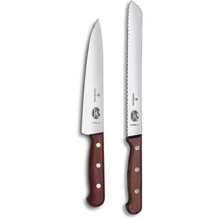 Victorinox Wood Küchengarnitur, Messer Set 2-teilig, Brotmesser, Tranchiermesser, Extra Scharf, Edler Holzgriff, braun