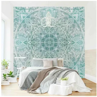 Bilderdepot24 Mustertapete Spirituell Mandala Aquarell Ornament Muster türkis Muster Wanddeko, Glatt, Matt, (Vliestapete inkl. Kleister oder selbstklebend), Wohnzimmer Schlafzimmer Küche Flur gemusterte Vliestapete Wandtapete grün 3.36 m x 3.36 m