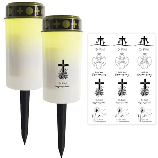 Ronoza 2 Stück LED Grablicht Weiß mit Erdspieß, Grabkerzen Led, Grablaterne Friedhof Wetterfest, Grableuchte mit Kerzentattoos, LED Taufkerze, Led Grablichter für Draußen, Batterien nicht Inbegriffen