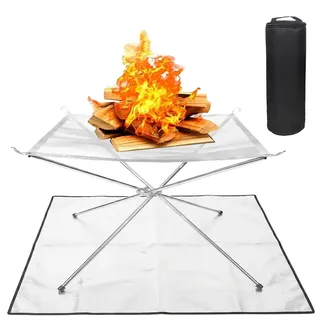 Tragbare Feuerstelle für Außen,56CM Feuerschale Edelstahlgeflecht Feuerstelle Grill mit Feuer Pit Mat und Carry Bag,Fire Pit Outdoor Edelstahl Feuerstelle fur Outdoor,Garten, Camping, Patio, BBQ