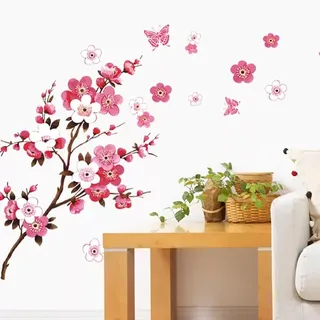 Wandtattoo Papillon  90 X 60 Cm  Rose Rouge Sakura Vigne Fle