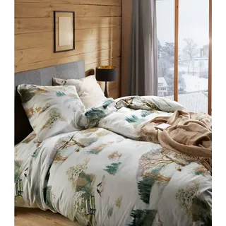 fleuresse Bettwäsche Fleuresse Aspen Biber Bettwäsche 155x220 Landschaft Bäume Rehe grün, Biber, 2 teilig beige