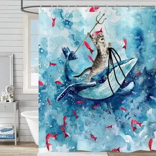 Hnmdmyi Duschvorhang Lustig Katze 180x180, Urkomische Katze Reitet Wal in Ozean Welle Duschvorhänge Niedliche Kinder Aquarell Blau Badewanne Vorhang Wasserdicht Polyester Stoff Waschbar Badevorhang