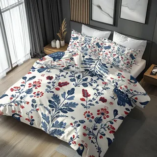 Generisch Bettwäsche Vögel Blumen 135x200, Blaue Floral Botanisch Motiv Wendebettwäsche & Deko, Weiche Microfaser Bettbezug mit Reißverschluss und 1 Kissenbezug 80x80, 2tlg - ASD4878
