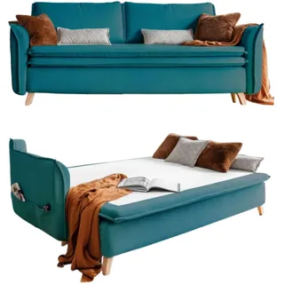 MIUFORM Charming Charlie Slim mit Bettkasten und mit Bettfunktion | 3 Sitzer Sofa | 225 x 90 x 85cm | Klappsofa mit Schlaffunktion | Schlafsofa klappbar (Türkis)
