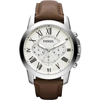 Fossil Grant Uhr für Herren, Quarz-Chronographenwerk, mit Edelstahl- oder Lederarmband, Braun und Weiß, 44MM