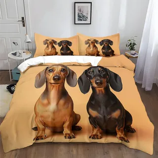 Generisch Bettwäsche 135x200cm Brauner Dackel Polyester Baumwolle Bettbezug 3 Teilig, Atmungsaktiv Hautfreundlich Bettwäsche Set mit Reißverschluss and 2 Kissenbezüge