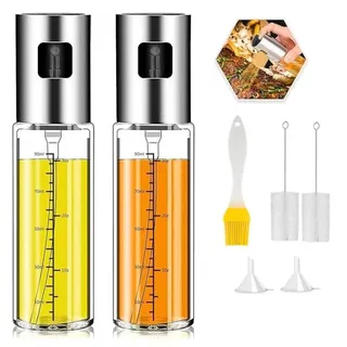 Refined Living Ölspender 2xÖlspender,Öl Sprühflasche,Ölpumpe,Essig Sprüher,Öl Flasche für Küche, (Sprühgerät für Öl aus Edelstahl und Glas, gesundes Kochen, 100ML Öl Sprühflasche, mit Rutschfeste Basis, Sprühflasche Öl, Olivenöl Sprühgerät, Öl Zerstäuber, umweltfreundlich, langlebig, BPA-frei, 2-tlg., zum Braten, Grillen, Backen oder für Diät- und Gesundheitsbewusste), mit Pinsel & Trichter, für Öl, Essig, Sojasauce, Zitronensaft & mehr silberfarben