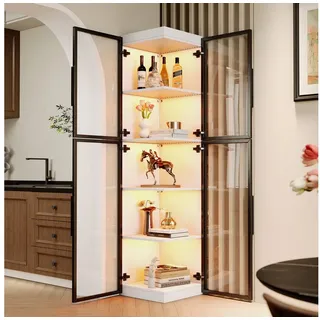 MODFU Vitrine Schmale Glasvitrine 170 cm, transparent, mit LED (Packung, 1-St., 5 Einlegeböden, Doppeltüren für Rundumsicht) Freistehende Acrylvitrine für Wohn- & Essbereich weiß