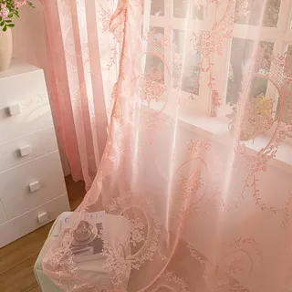Sutuo Home Rosa Spitzenvorhänge, 2 Stück, durchscheinende Paneele, Rosen-Blumenstickerei, gerüscht, Vintage-Voile, Fensterbehandlung, 1 Paar für Mädchenzimmer, Wohnzimmer, Stangentasche, 144,8 x 243,8