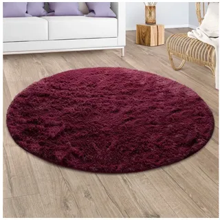 Paco Home - Hochflor Teppich Wohnzimmer Fellteppich Kunstfell Flauschig Rutschfest Bordeaux Lila Ø 80 Cm Rund