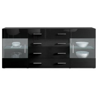 Vladon Sideboard Bari (Kommode mit 2 Türen, 4 Schubladen und 2 flexible Glaseinlegeböden), Schwarz matt/Schwarz Hochglanz (166 x 72 x 35) schwarz