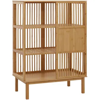 Mendler Bambus-Standregal HWC-N81, Badezimmerschrank Badschrank Badregal Kommode, 3 Regalböden Schiebetür