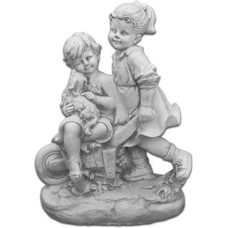 gartendekoparadies.de Junge und Mädchen mit Schubkarre, Steinfigur H. 82 cm, 94 kg, Grau, frostsicher aus Steinguss für Außenbereich