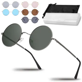 Netrox® Runde Sonnenbrille im Retro-Stil mit Metallrahmen + Etui und Microfaserbeutel - UV400-Schutz - Vintage Unisex Herren und Damen - Sonnenbrillen, Gläser verspiegelt, Sunglasses, rund, grün - Einheitsgröße
