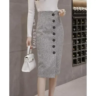 WQZYY&ASDCD Bleistiftrock Hohe Taille Knopf Bleistift Midi Röcke Büro Damen Büro Elegante Graue Winter Wickelröcke