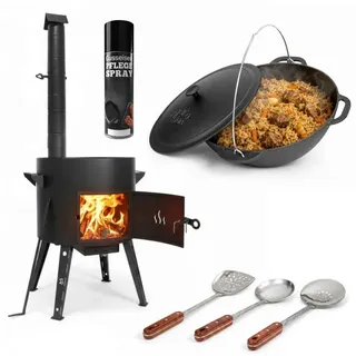 BIG-PAN Feuerstelle Premium Gusseisen Kazan Set 15L Gusseisendeckel, (Uchag Asia Wok Topf Plov, Feuerofen Utschak Gulaschkanone), Premium Gusseisen Kasan mit Pflegespray schwarz