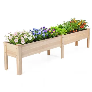 COSTWAY Hochbeet Holz, Pflanzbeet für Kinder, 240 x 43,5 x 51,5 cm, 2 Pflanzbereichen, Blumenkübel mit Ablauflöchern, Kräuterbeet rechteckig, Anzuchtbeet Gartenbeet, Garten Terrasse Balkon, Natur