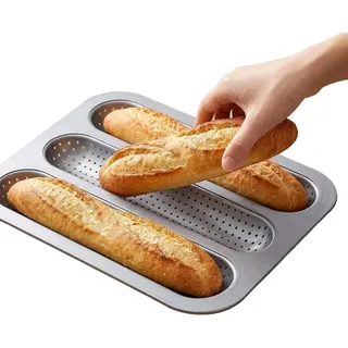 Qizeroty Baguette Backform Antihaft, Baguette Blech Mit Antihaftbeschichtung Für 3 Baguettes, Zuverlässig Knuspriges Baguettes, Perforierte Backform Für Stangenbrote, Brotbackform, 25.5 X 32 Cm